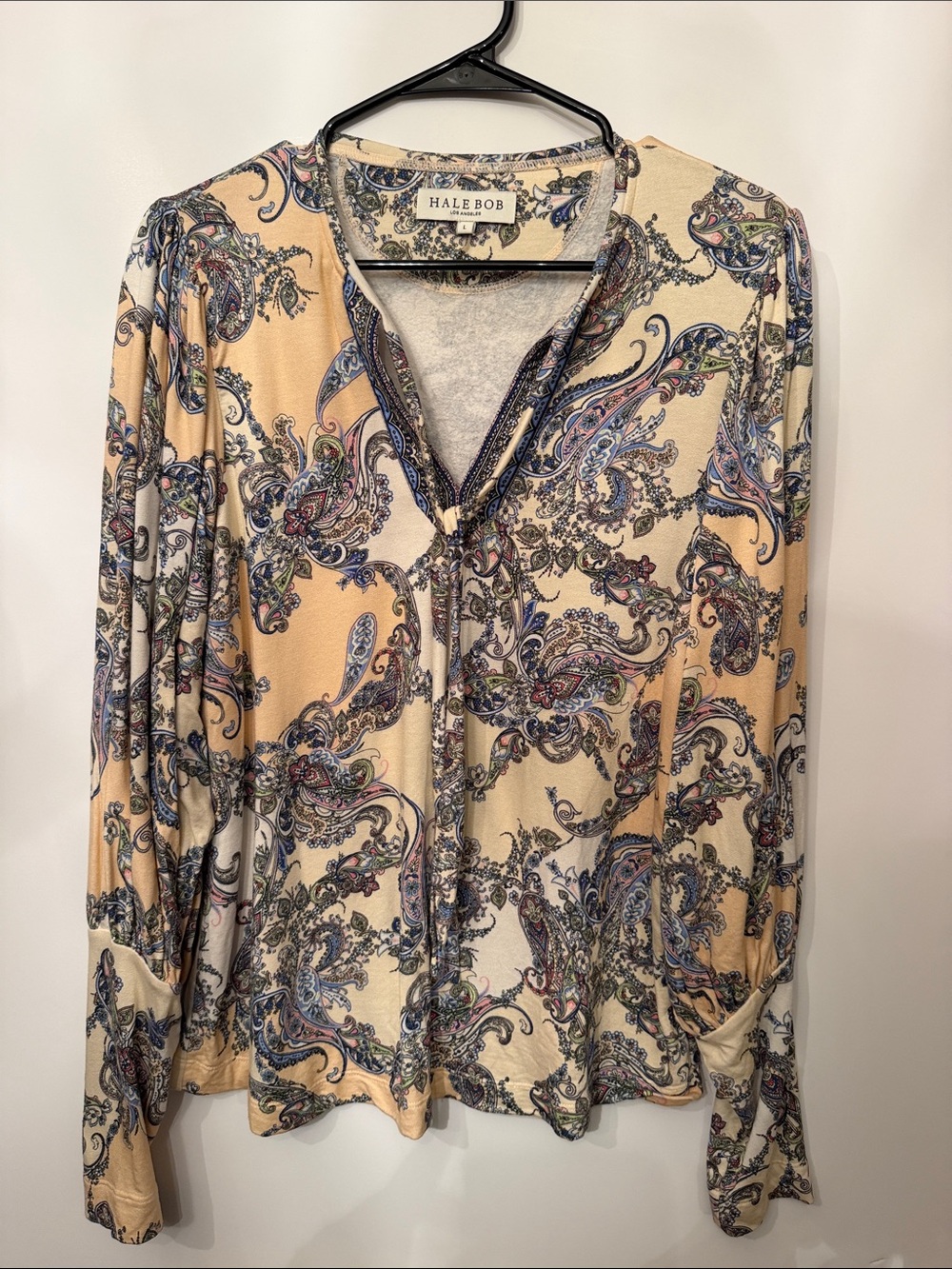 Hale Bob Paisley Tie-Front Blouse in Cream, Tan, Blue and Purple